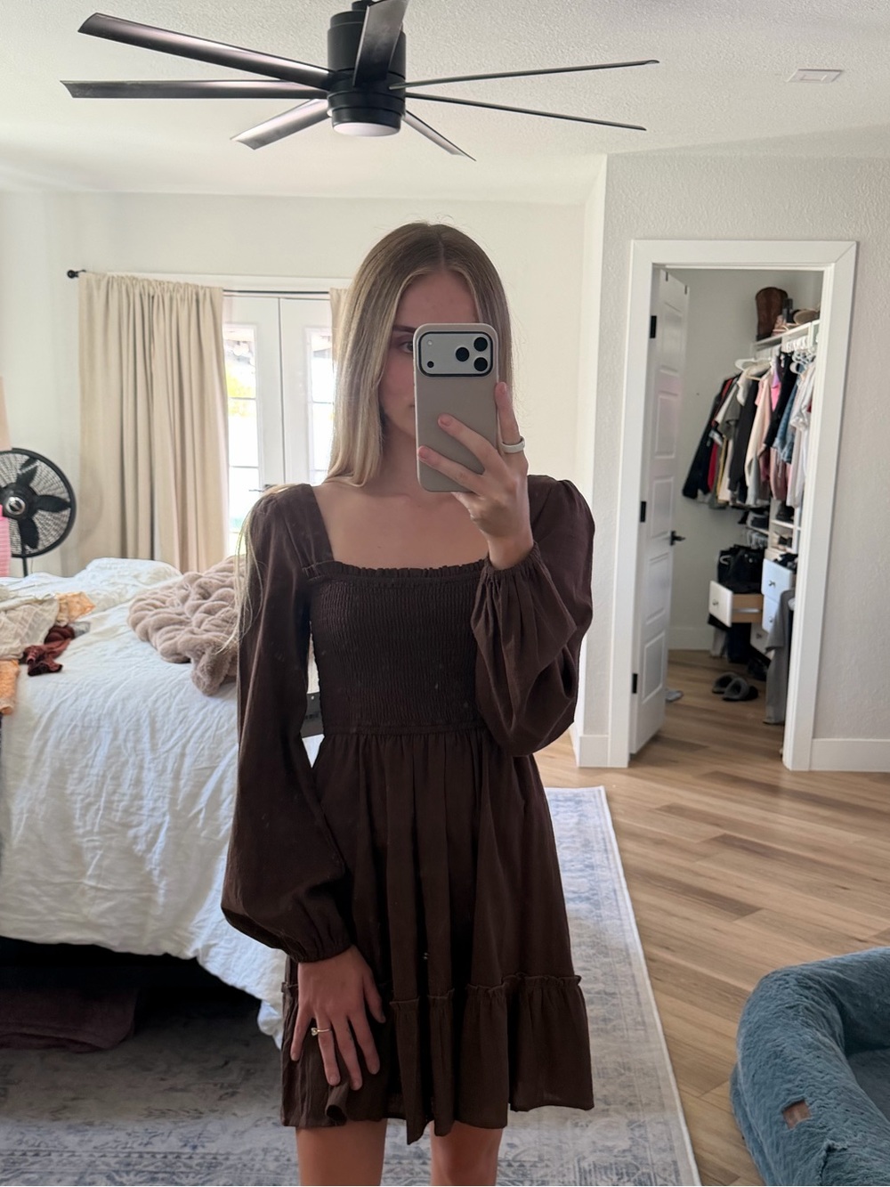 Altar'd State Chocolate Brown Smocked Square-Neck Mini Dress